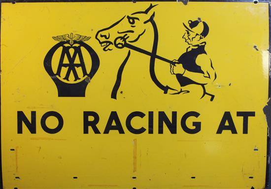 An A.A. enamelled road sign No Racing at ..., 30 x 42in.